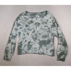 L LOVE - WOMEN'S GREEN TIE-DYE LONG SLEEVE WAFFLE KNIT SWEATER - SIZE S - FLAWS
